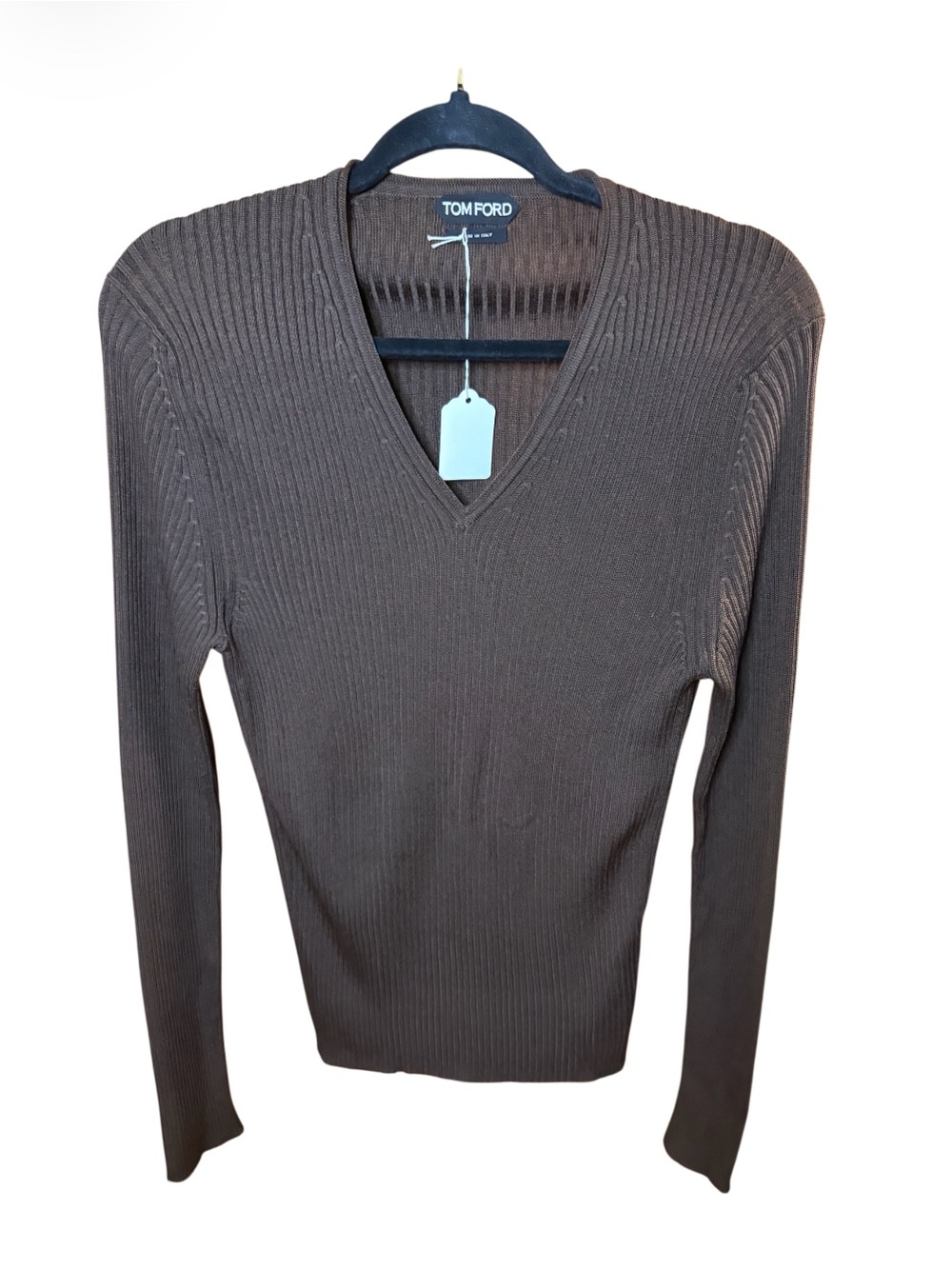 Tom Ford Dark Brown Silk Ribbed V-Neck Sweater